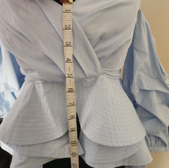 Beulah Style off shoulder bustier puff sleeve blue peplum top Size Small - Picture 11 of 16